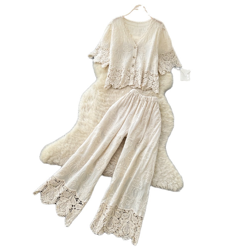 Ensemble chemisier et short à bordure en dentelle d'inspiration française – Tenue d'été respirante (2 couleurs, taille unique)_voghion.com