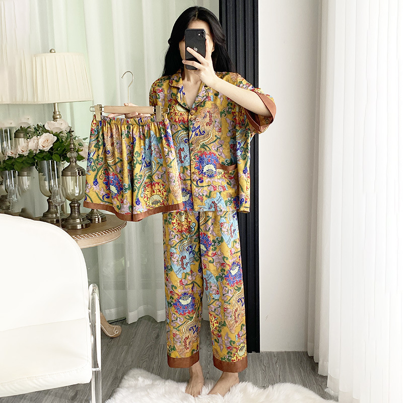 2025 New Organza Pajamas Women's Short-Sleeved Trousers Jacquard Double-Sided Printed Three-Piece Home Clothes Can Be Worn Outside