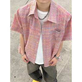 美式格纹泡泡纱短袖衬衫男女夏季薄款学院风情侣宽松速干半袖外套