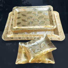 亚克力托盘长方形正方形水果盘糖果盘塑料茶杯盘金黄色金叶供盆