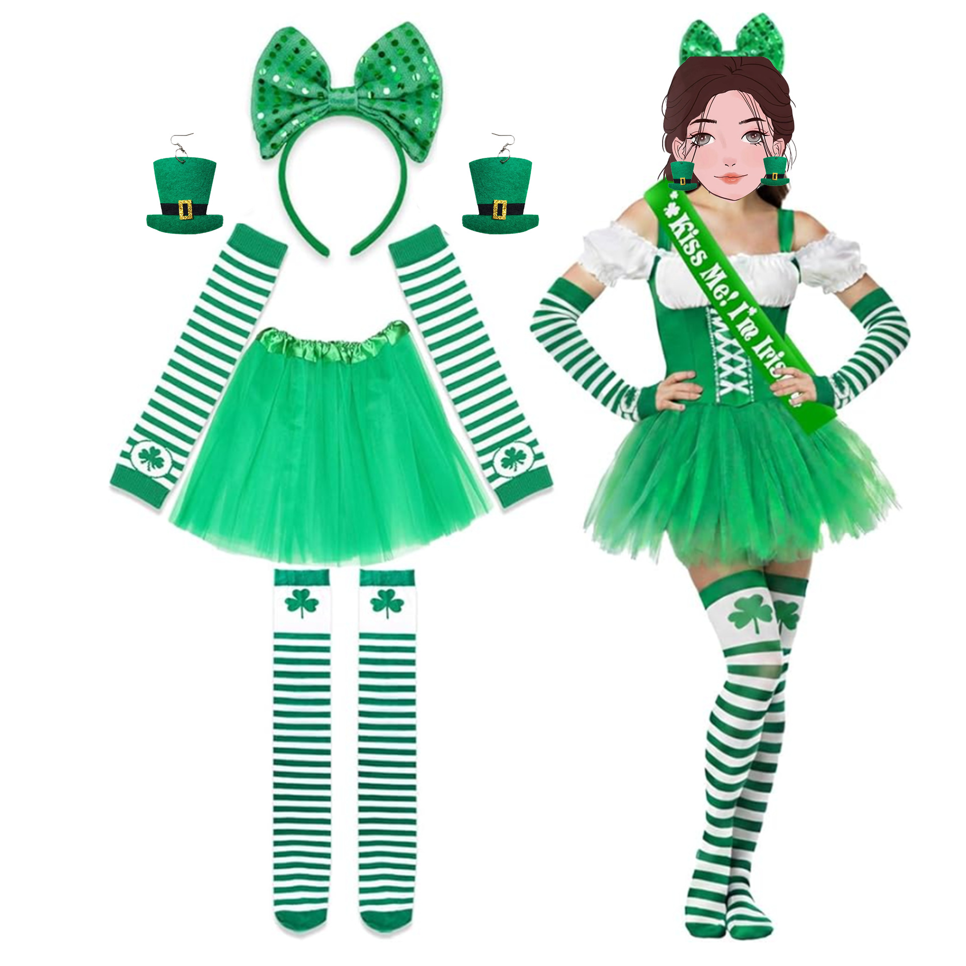 Accesorios para el Día de San Patricio: Lazo para el Cabello, Falda de Tul, Tirantes Irlandeses y Aretes con Trébol