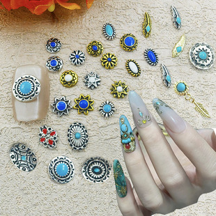 Cross-border Japanese Retro Palace Nail Art Jewelry Metal Oval Round Treasure Resin Drop Oil Imitation Turquoise Alloy Nails