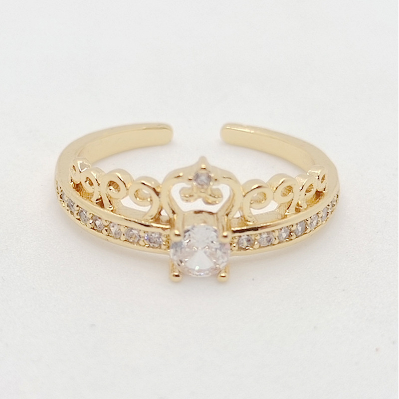 Copper Material Waves, Crown Pattern Women'S Gender 18K Gold Plated Copper Vacuum Plating Zircon Waves Crown Classic Style Open Ring For Women'S