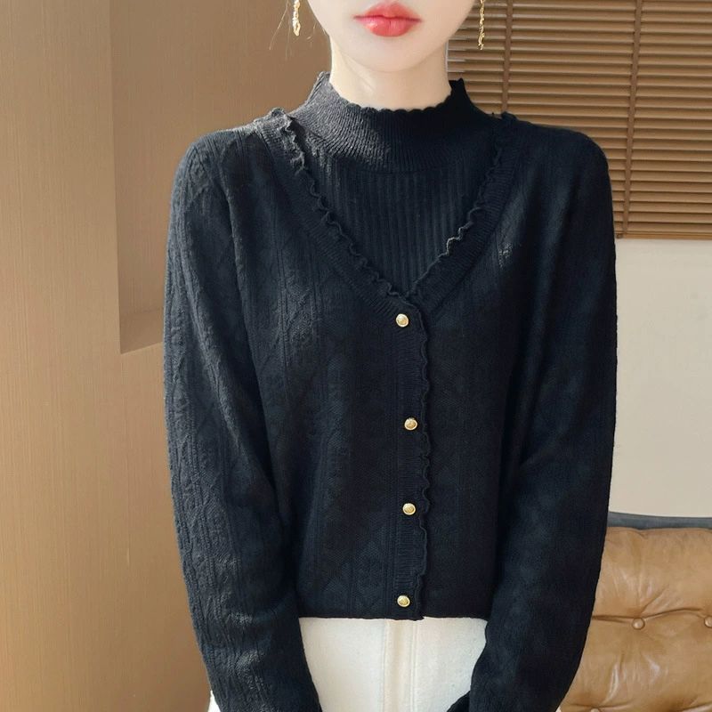 Вязаный свитер с половинным воротником деревянный ухо женский 2025 нижний свитер осенний и зимний жаккард новый поддельный два зимних темперамента