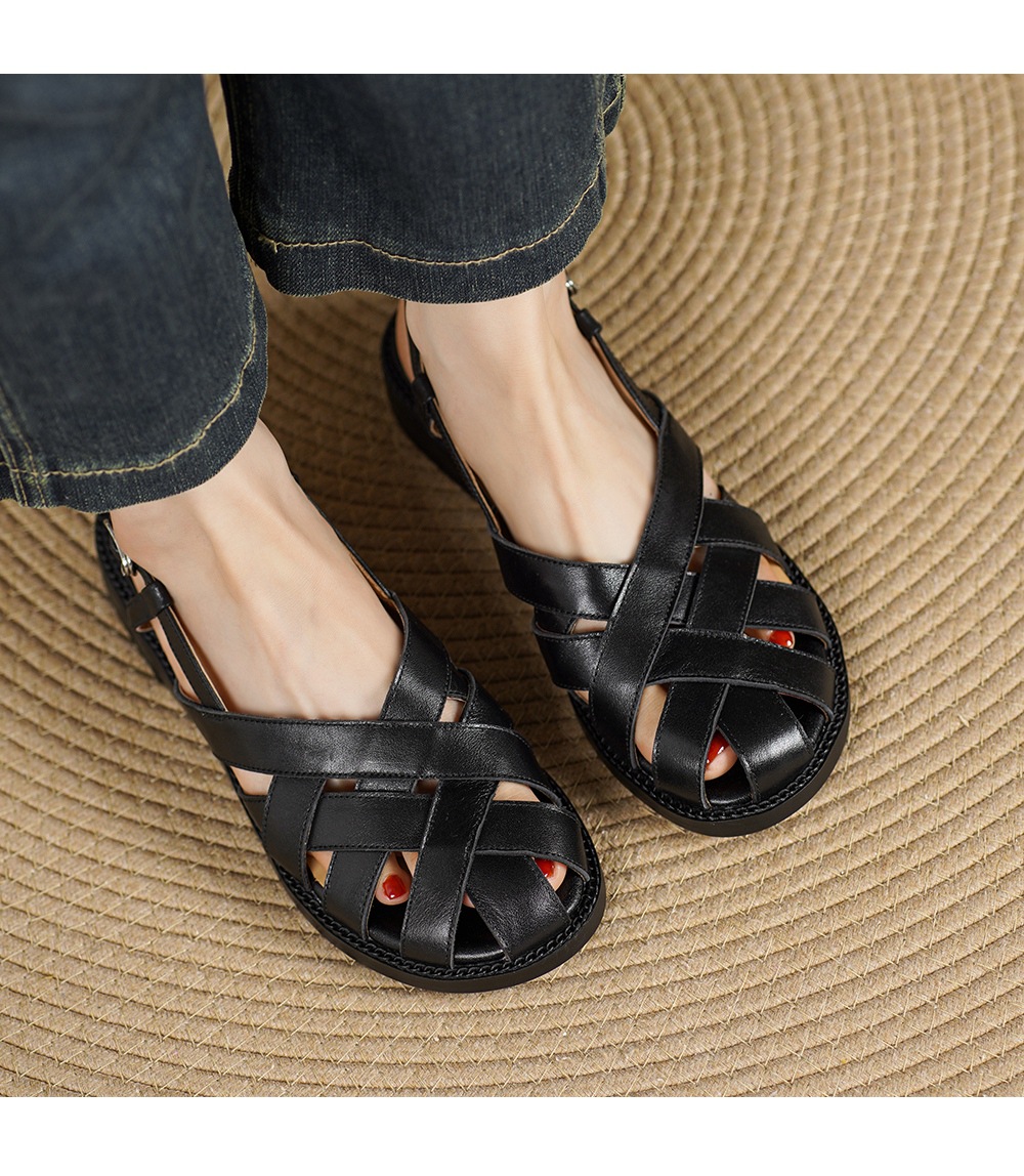 Dép sandal nữ mũi nhọn da bò quai chữ v gót thấp — màu be chi tiết 10
