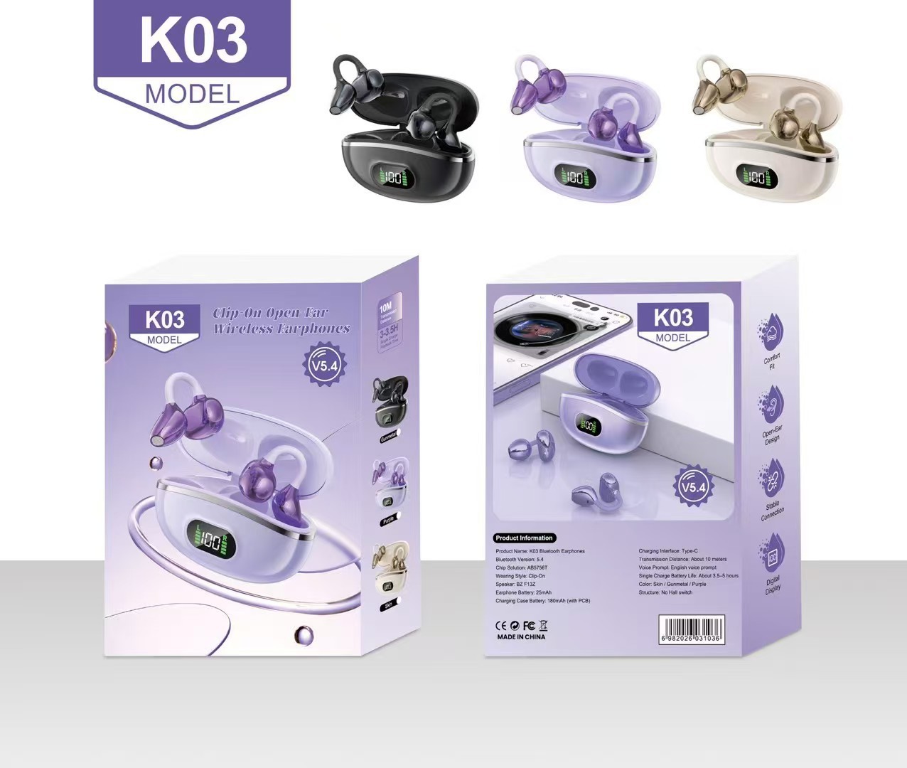 K03 auriculares Bluetooth púrpura