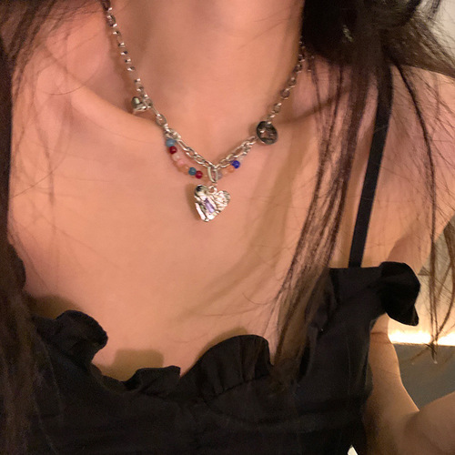 Sweet and Spicy Heart Link Necklace for Women, Ins-Inspired Unique Design, Colorful Bead Lockchain, Versatile Fashion Accessory