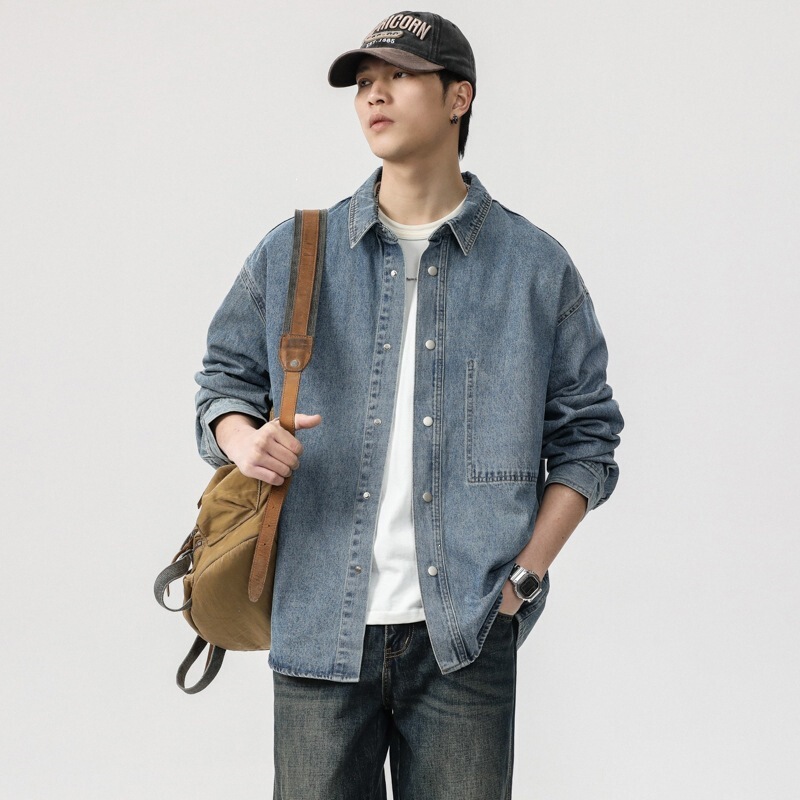 Spring long-sleeve denim shirt for men, loose retro large size shirt, men's trendy casual versatile jacket for spring and autumn Spring long-sleeve denim shirt for men, loose retro large size shirt, men's trendy casual versatile jacket for spring and autumn