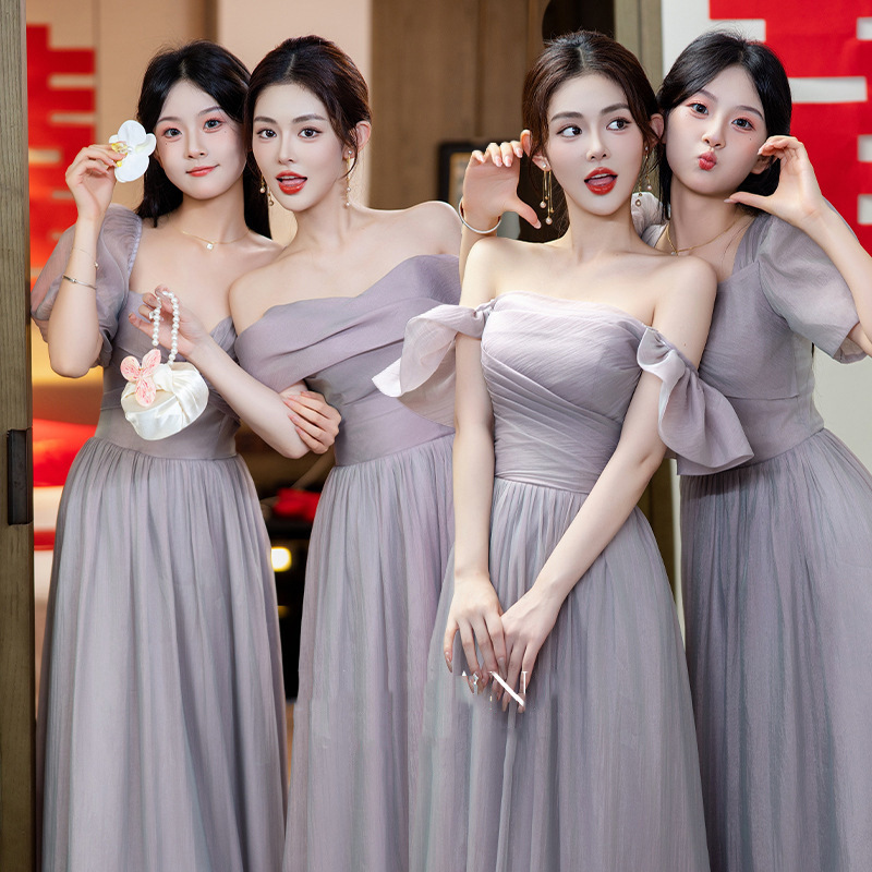 Purple Bridesmaid Dress Long 2025 New Fairy Elegant Autumn High-end Light Luxury Niche Sisters Group Slimming Dress