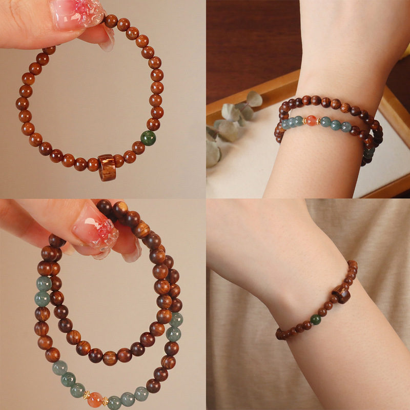 New Chinese Style Natural Cook Bracelet with Running Ring Design, Rosewood Blue Water Jade Double Circle Bracelet, Original Design and Cultural Play