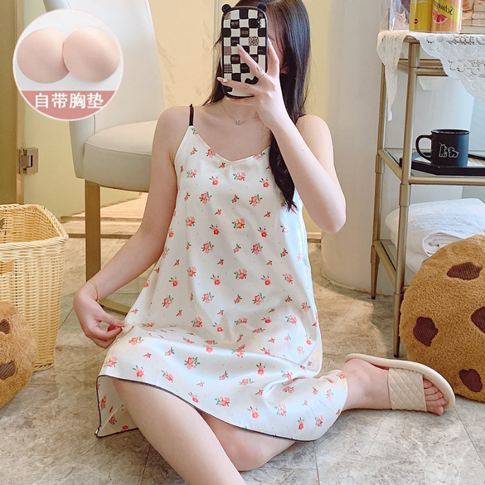2024 pijama de verano cinta de simulación cojín de pecho delgado de dibujos animados sexy vestido de pijama de ropa de casa de mujer vestido unificado