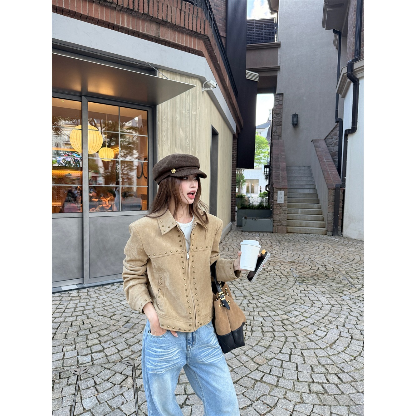 Real Shot of the 2026 Spring New Style Faux Suede Studded Casual Retro Heavy-Duty Padded Shoulder Short Jacket Motorcycle Jacket for Women