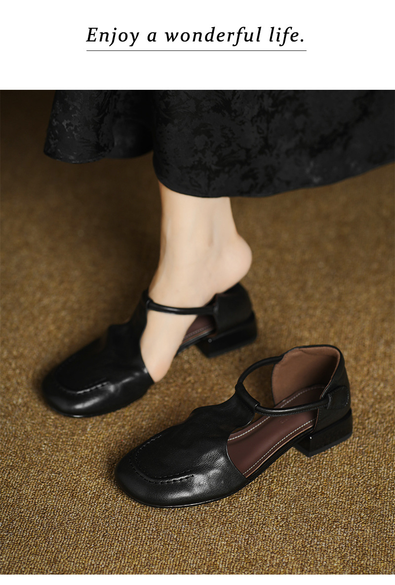 Dép sandal nữ quai ngang mũi tròn đế bằng da bò phong cách retro — màu nâu chi tiết 8