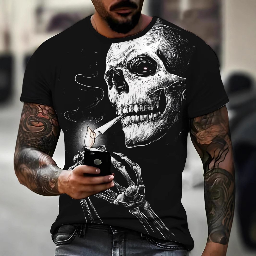 Men's 3D Skull Print T-Shirt, Vintage Casual Crew Neck Top