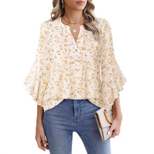 亚马逊欧美荷叶七分袖黄色碎花时尚休闲宽松V领商务衬衫雪纺女装