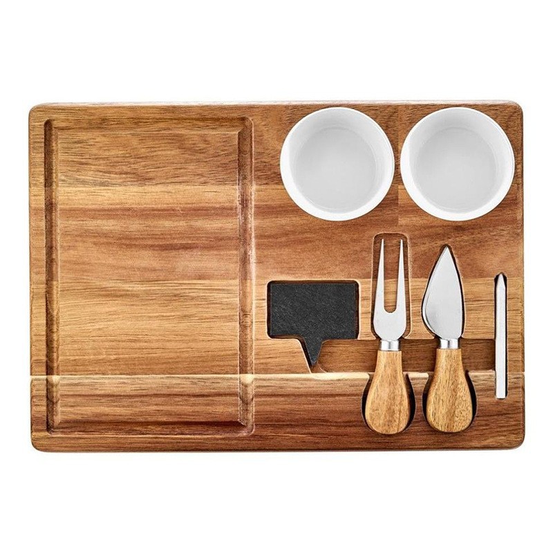 Tabla de cortar de madera tablero de pizza de carne doméstica tabla de cortar multifuncional con cuchillo y tenedor tazón de inmersión bandeja de madera tablero de postre de frutas