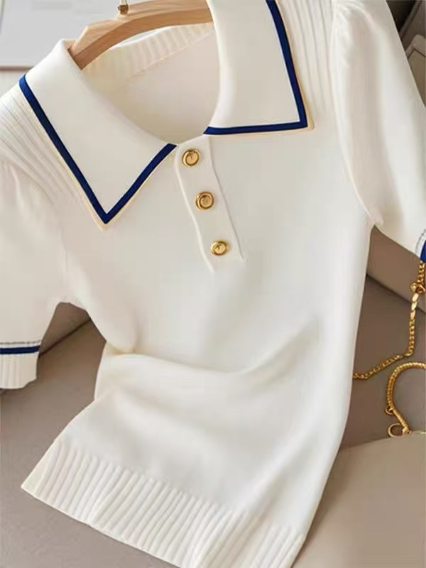 Women's Korean Style Color Block Striped Collared Short Sleeve T-Shirt Youthful Knitwear Top For Summer_ecoleips.com