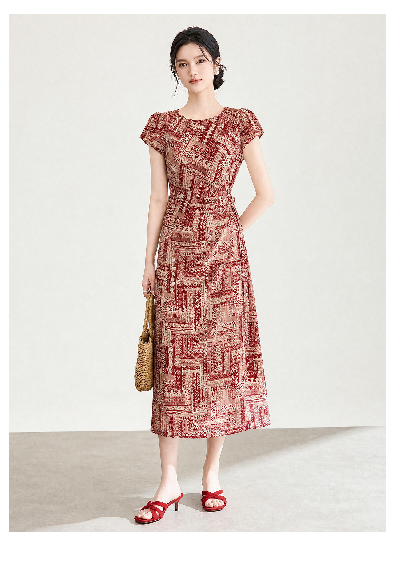 Đầm maxi nữ họa tiết bohemian tay ngắn thắt eo chất liệu voan — màu hồng chi tiết 13