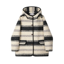 北欧宽松羊羔毛撞色灯芯绒滚边连帽呢大衣外套女秋冬新款文艺风