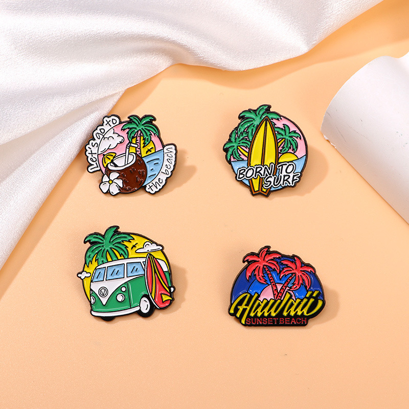 Cross-Border Summer Vacation Series Cartoon Badges Bus Beach Coconut Tree Metal Brooch Clothing Accessories Wholesale