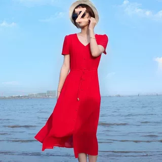 高级夏天海边沙滩裙三亚海边度假沙滩裙红色妈妈中长裙短袖v领潮