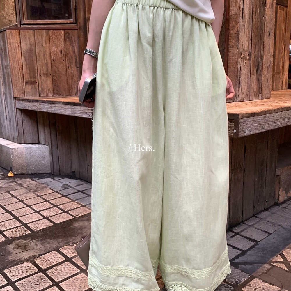 Quần culottes nữ ống rộng cạp cao chun eo viền ren dáng suông — màu trắng, xanh lá cây, yến mạch