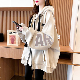 Huamian Composite Milk Silk Autumn and Winter 2025 Versatile Letter Print Long-Sleeved Hooded Jacket for Women
