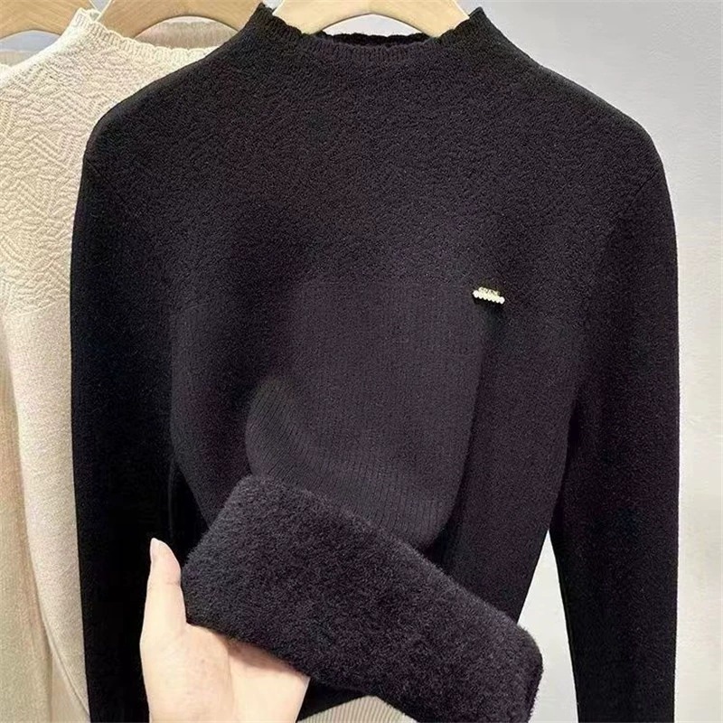 Damenpullover aus dickem Samt mit hohem Kragen – weiches, warmes Winteroberteil (Schwarz/Off-White/Beige-Apricot)_voghion.com