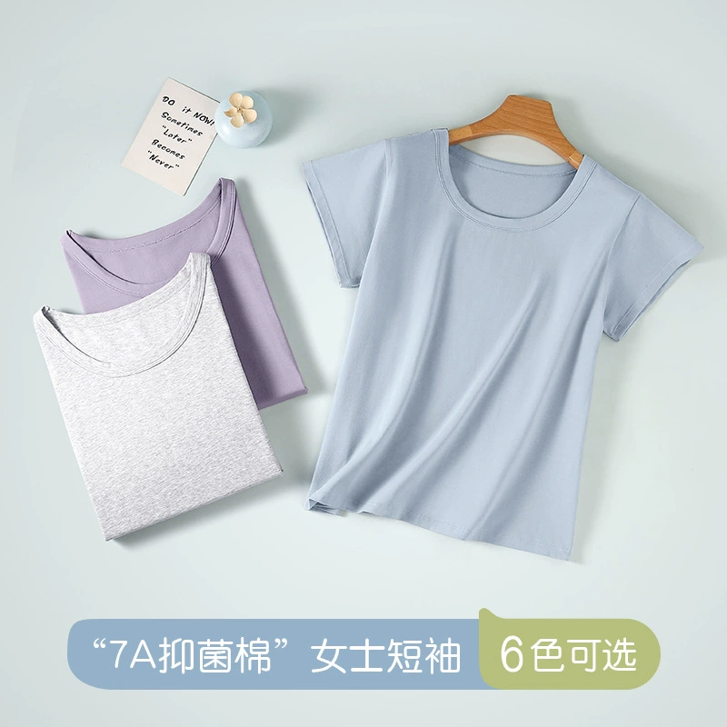 Летний 7A бактериостатический хлопок Лайка Леди с короткими рукавами большого размера тонкий круглый вырез тонкая рубашка футболка дышащая мода