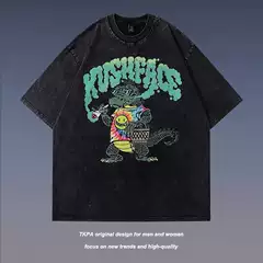 TKPA Heavyweight Fun Cartoon American Retro Print Distressed Short-Sleeve T-Shirt Unisex Hip Hop Streetwear Tee