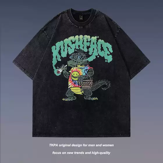 TKPA Heavyweight Fun Cartoon American Retro Print Distressed Short-Sleeve T-Shirt Unisex Hip Hop Streetwear Tee