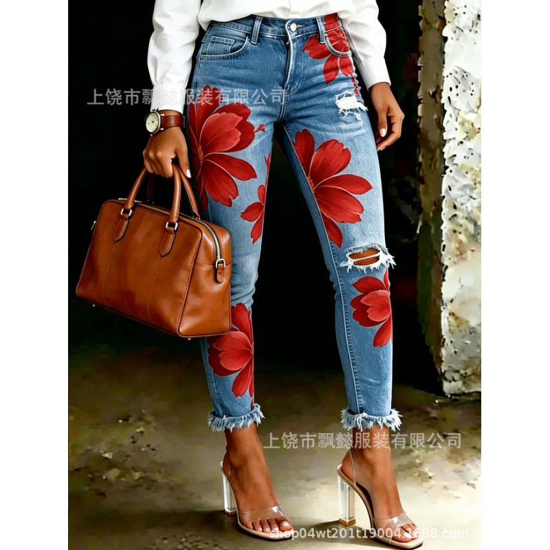 Popular Women's Skinny Pants on Independent Websites, Stylish Street Fashion Faux Denim Women's Long Pants, Y2 Dropshipping, Customizable Pants