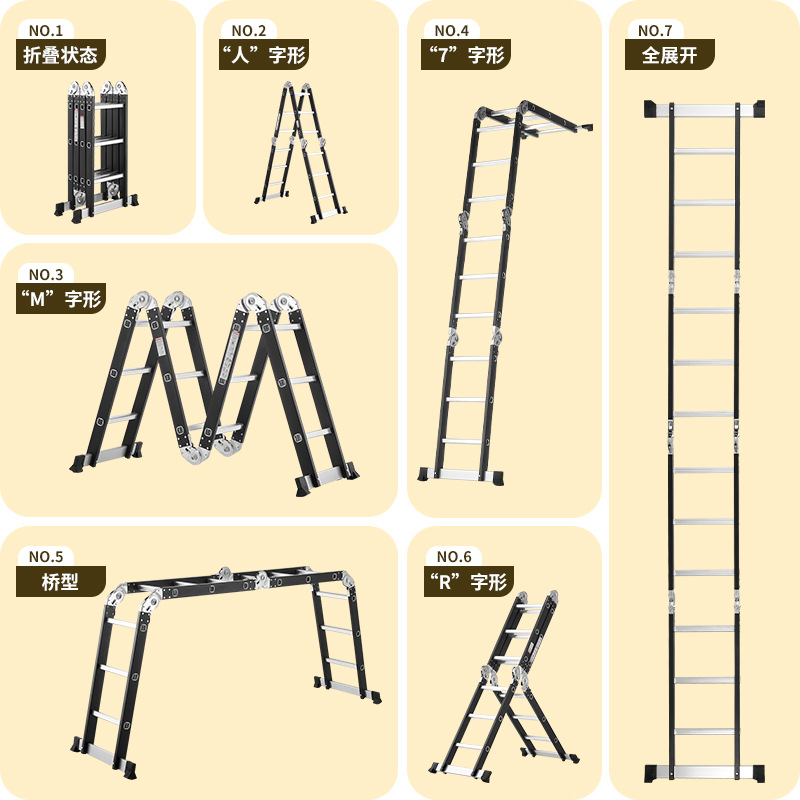 Escalera multifuncional espesa de hierro y aluminio combinada con escalera telescópica transfronteriza de cuatro plegadas escalera recta de doble lado escalera articulada al por mayor