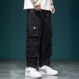Spring and Autumn pocket overalls men's Japanese fashion brand solid color drop feeling plus size loose straight casual pants autumn pants