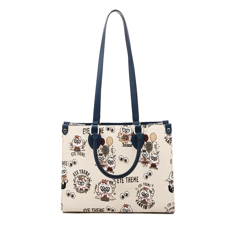 Damas de gran tamaño, cremallera bordada de tejido denim, gran capacidad de moda, contraste de color para damas, almacenamiento de dibujos animados 2707 #