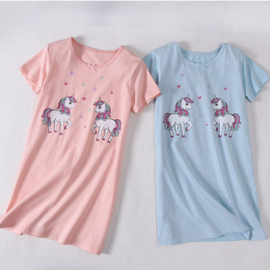 Children's short-sleeved nightdress class A Lycra mom and dad cute unicorn ammonia cotton nightdress girls' pajamas cross-border