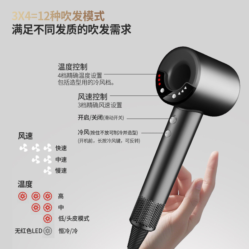 跨境高速吹风机家用大功率中空无叶静音电吹风负离子数显吹风筒|undefined