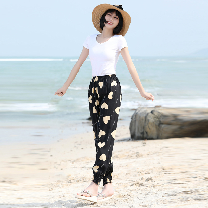 Summer Women's Cotton Silk Trousers Thin Bloomers Adult Anti-mosquito Pants Beach Pants Artificial Cotton Casual Loose Pajama Pants