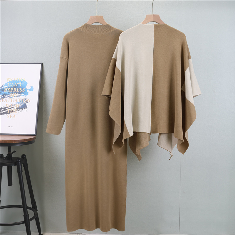 Women's Clothing 2024 knitted suit autumn and winter new contrast color cape shawl + half high collar knitted dress two piece suit_voghion.com