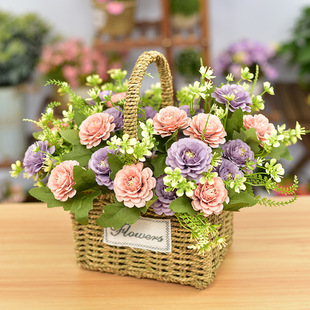 New Handmade Straw Flower Basket, Portable Woven Basket, Pastoral Style Living Room Decoration Ornaments, Flower Arrangement Basket, Fake Flowers