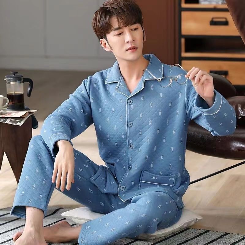 Lujo ligero invierno de invierno de algodón de mediana edad aire de algodón intercalado pijama de hombre conjunto de ropa para el hogar