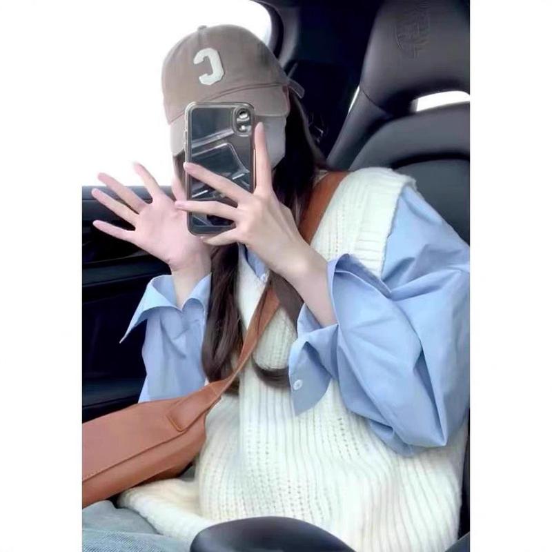 初秋叠穿纯棉蓝色衬衫女打底内搭长袖上衣宽松遮肉显瘦衬衣外穿潮|undefined