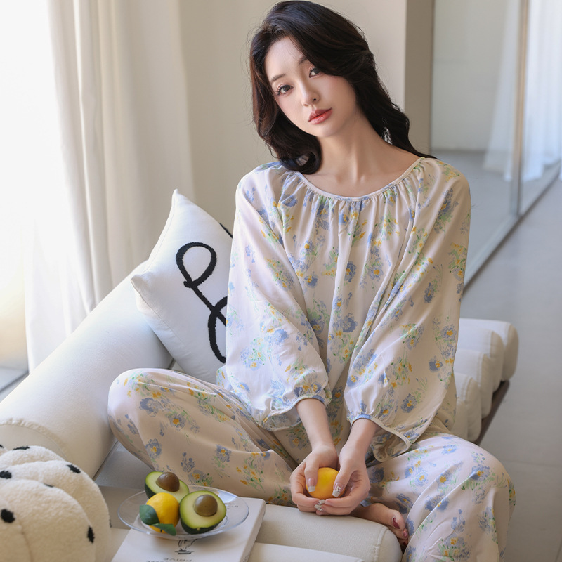 Pajamas for Women Summer New Cotton Silk Long-Sleeved Pants Suit Lazy Style Thin Large Size French Pullover Home Clothes Pajamas for Women Summer New Cotton Silk Long-Sleeved Pants Suit Lazy Style Thin Large Size French Pullover Home Clothes