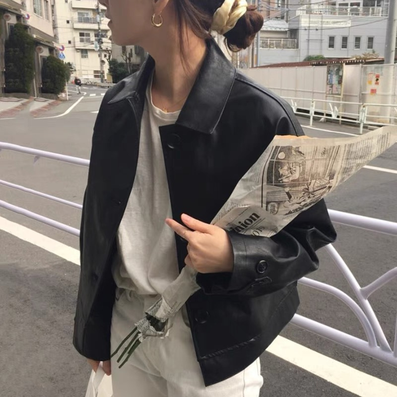 Imitation Retro Jacket, New Style, Simple, Autumn, Stylish, Biker, Korean Leather Jacket, Women's Loose Short Black Jacket