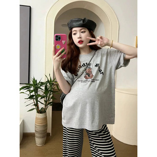 Maternity Pure Cotton Gray Short-Sleeved T-Shirt Outer Wear Summer Mid-Length Large Size Loose Cartoon Print Maternity Top Trendy