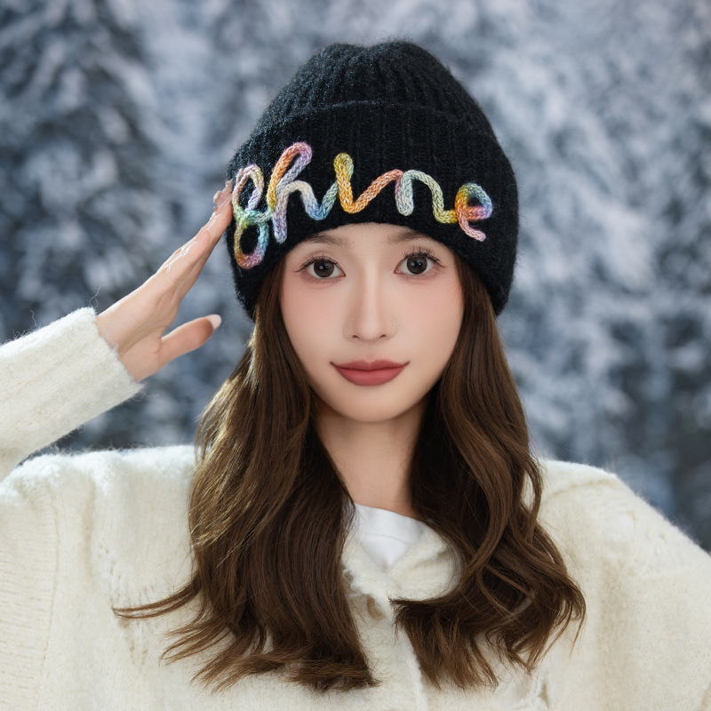 韩版彩色线条字母针织帽显脸小冬季帽子女款加厚保暖护耳毛线帽潮|undefined