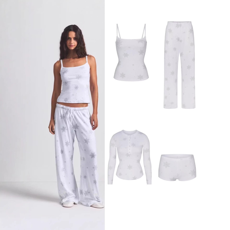 Skims Kardashian Christmas Limited Snowflake Pattern Casual Camisole Versatile Wide-Leg Pants Suit Skims Kardashian Christmas Limited Snowflake Pattern Casual Camisole Versatile Wide-Leg Pants Suit
