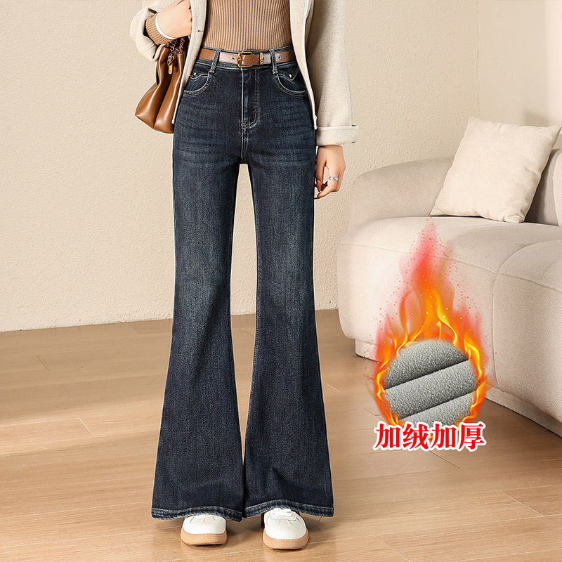 2025 Autumn and Winter Fleece-Lined Thickened Warm High-Waisted Slimming Drapey Tall Comfortable Commuter Flared Jeans for Women