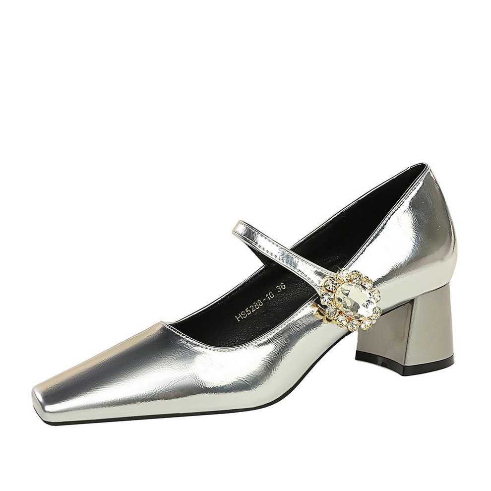 5288-K86 Retro style Banquet Women's Shoes with Medium Heel, Thick Heel, Shallow Mouth, Square Head, Water Diamond Buckle, One Word Strap, Single Shoe for Women