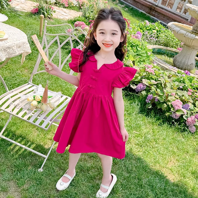 Rochie de bumbac pentru fete cu guler de păpușă și mâneci volante, rochie de vară pentru fete_voghion.com